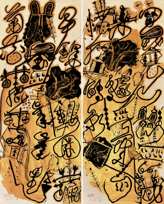 2.魏立刚 金墨大草《鸽影·辘轤》 纸本水墨 364cm×145cm×2 2022 2.魏立刚 金墨大草《鸽影·辘轤》 纸本水墨 364cm×145cm×2 2022